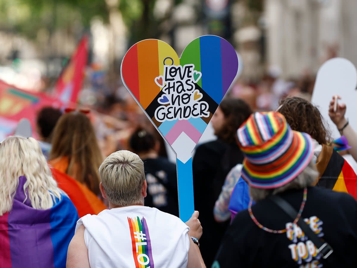 Parade-goers carry flags and placards at Pride in London on Sunday 1 July (Getty)