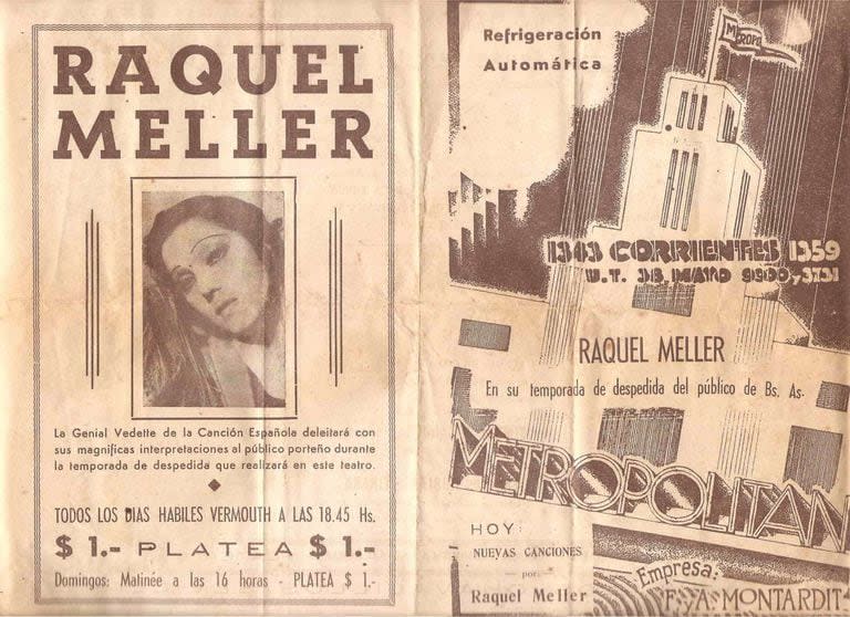 Programa de las presentaciones de Raquel Meller en Buenos Aires, cuando cautivó a la calle Corrientes