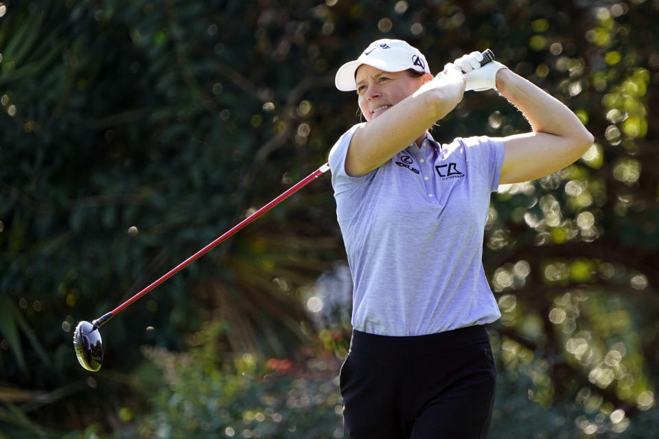 Annika Sorenstam hits a shot from the 12th tee during the first round of the Gainbridge LPGA golf tournament Thursday, Feb. 25, 2021, in Orlando, Fla. (AP Photo/John Raoux)