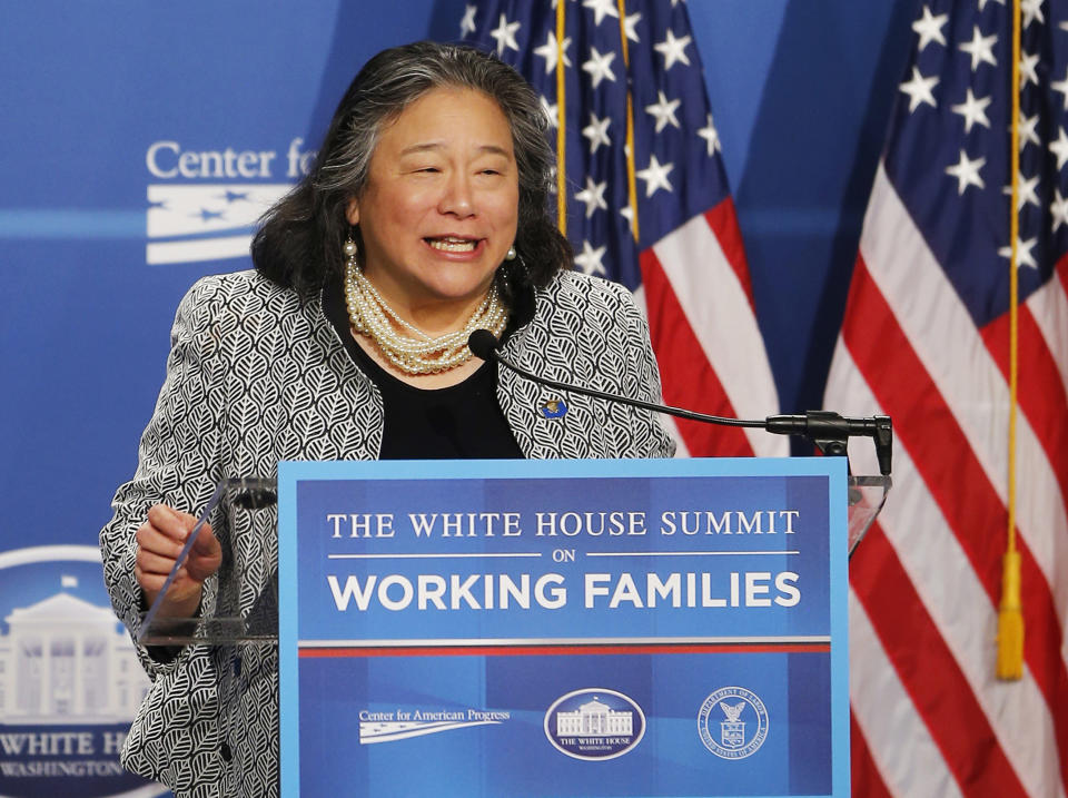 FILE - In this June 23, 2014, file photo, Tina Tchen, chief of staff to first lady Michelle Obama, speaks at the White House Summit on Working Families at a hotel in Washington. Time's Up has called on NBC Universal to release all former employees from non-disclosure agreements that might be preventing them from speaking out about sexual misconduct. Tchen, incoming president and CEO of Time's Up, says NBC Universal didn't go far enough with its statement, first reported by MSNBC's Rachel Maddow on Friday, Oct. 25, 2019, that employees should contact the company in order to be released from any "perceived obligation" to remain quiet. She says NBC should simply state that everyone is free to speak without fear of retaliation. (AP Photo/Charles Dharapak, File)