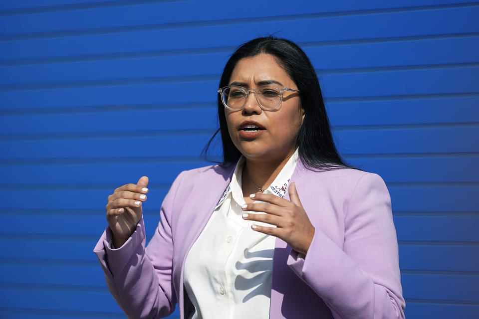 FILE - Democratic Congressional candidate Jessica Cisneros speaks to the media before a rally, Feb. 12, 2022, in San Antonio. Cisneros is challenging nine-term U.S. Rep. Henry Cuellar in Texas' Democratic primary runoff election on Tuesday May 24, 2022. (AP Photo/Eric Gay, File)