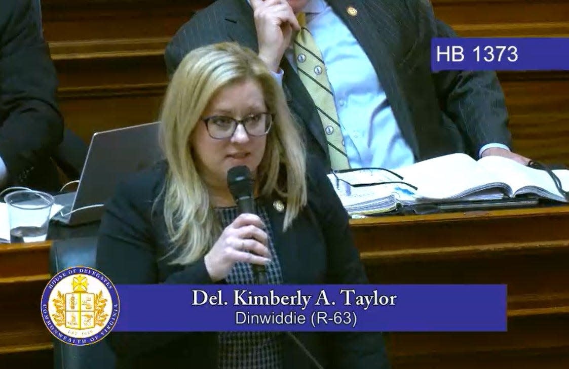 Del. Kim Taylor, R-Dinwiddie County, speaks prior to the final passage of House Bill 1373 Tuesday, Feb. 7, 2023 insinde the Virginia House of Delegates chamber at the state Capitol in Richmond. Taylor's bill would let Petersburg hold a November referendum on casino gambling in the city. She encouraged her colleagues to support a 'once-in-a-lifetime' opportunity for Petersburg.