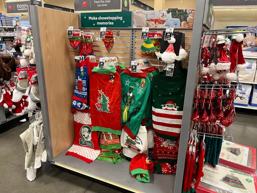 Holiday dress-up outfits for pets on display at PetSmart in North Las Vegas.