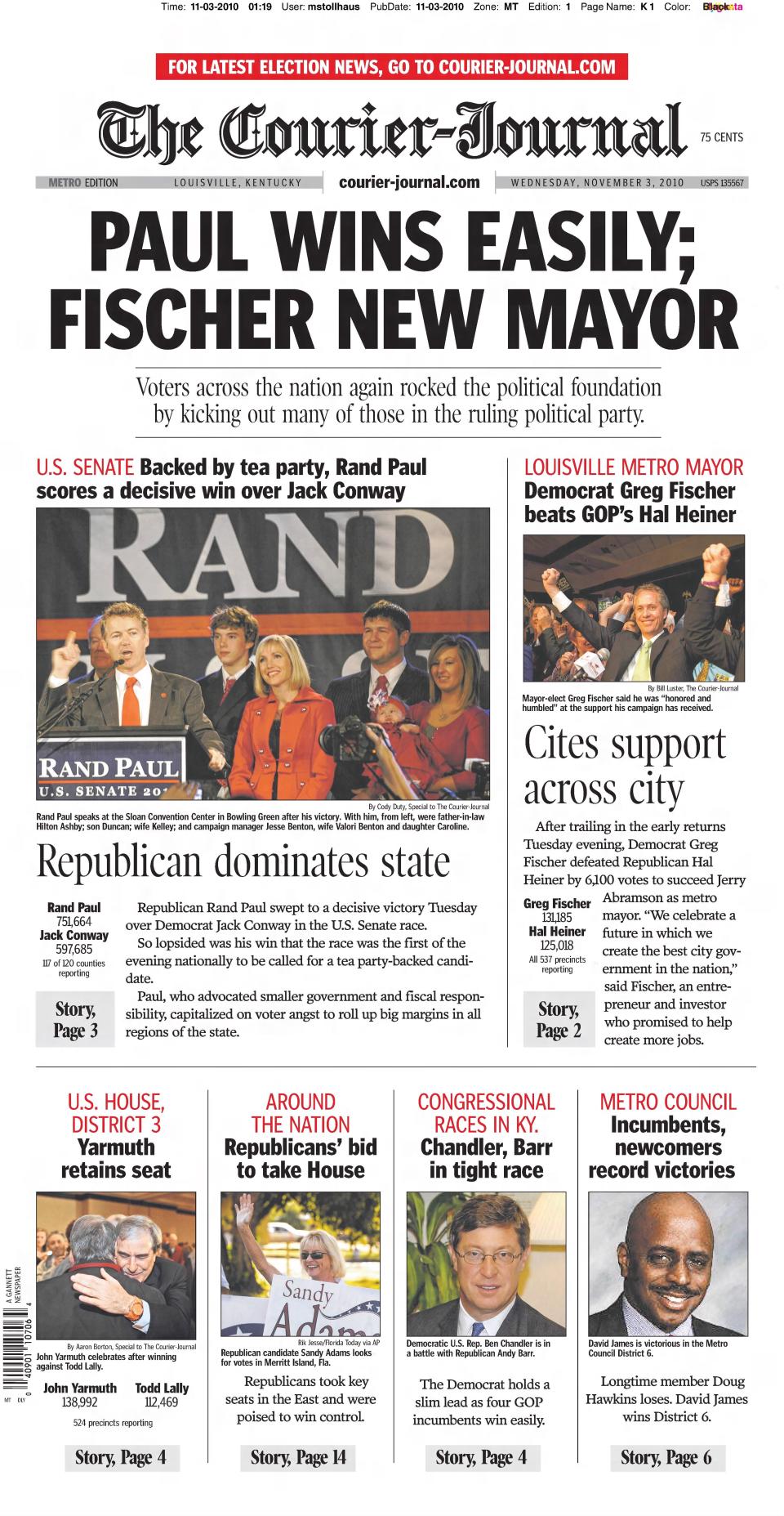 The front page of the Nov. 3, 2010, edition of The Courier Journal featured Greg Fischer's Louisville mayoral election victory and wins for other candidates, like Rand Paul and John Yarmuth.