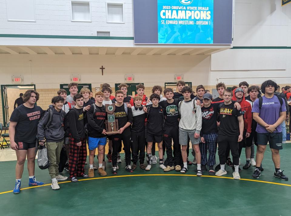 Brecksville poses with its runner-up trophy after falling to St. Edward in the Division I State Duals.