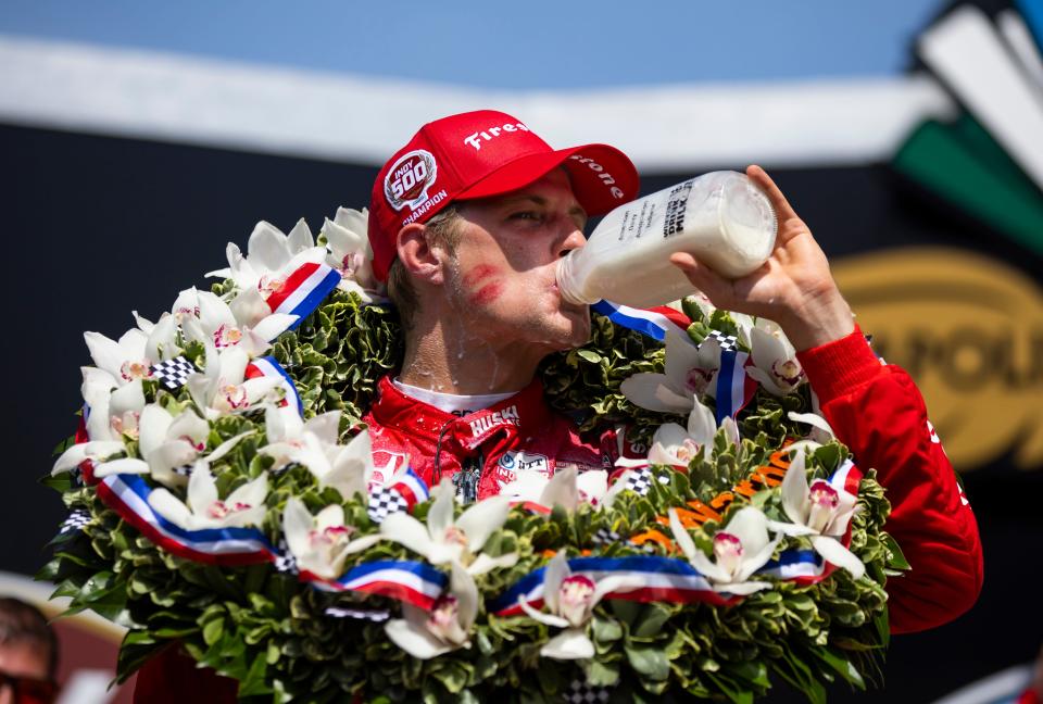 Marcus Ericsson celebrates with the milk after winning the 2022 Indianapolis 500.