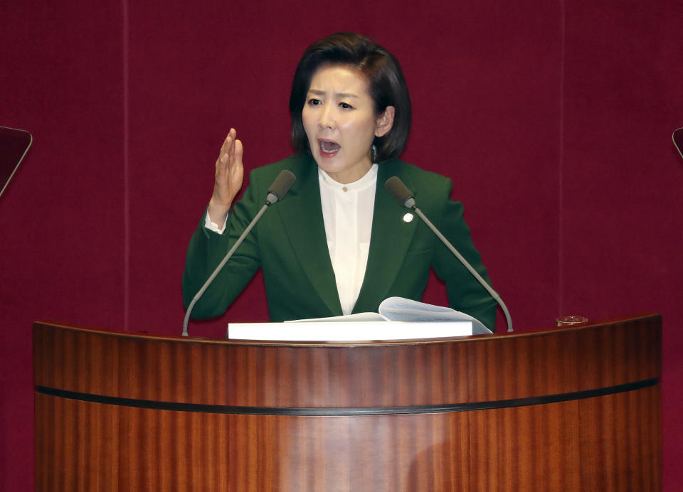 FILE - In this Tuesday, March 12, 2019, file photo, Na Kyung-won, the floor leader of the main opposition Liberty Korea Party, delivers a speech at the National Assembly in Seoul, South Korea. International journalists' organizations on Tuesday, March 19, 2019, have expressed concern over South Korea's press freedoms after the country's ruling party singled out a Bloomberg reporter over what it claimed was a "borderline treacherous" article insulting President Moon Jae-in, resulting in threats to the reporter's safety. (Kim Hyun-tai/Yonhap via AP, File)