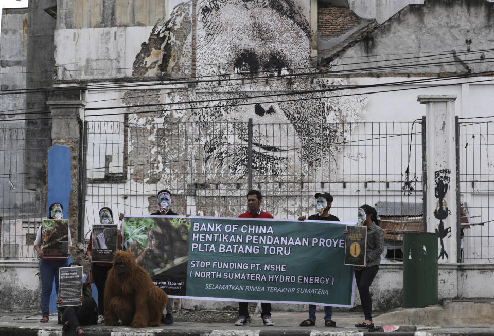 In this Friday, March 1, 2019, activists display posters near an orangutan mural during a protest against the construction of a Chinese-backed dam that they claimed will rip through the habitat of the most critically endangered orangutan species in Medan, North Sumatra, Indonesia. A state administrative court in North Sumatra's capital, Medan, ruled that the construction can continue despite critics of the 510-megawatt hydro dam providing evidence that its environmental impact assessment was deeply flawed. (AP Photo/Binsar Bakkara)
