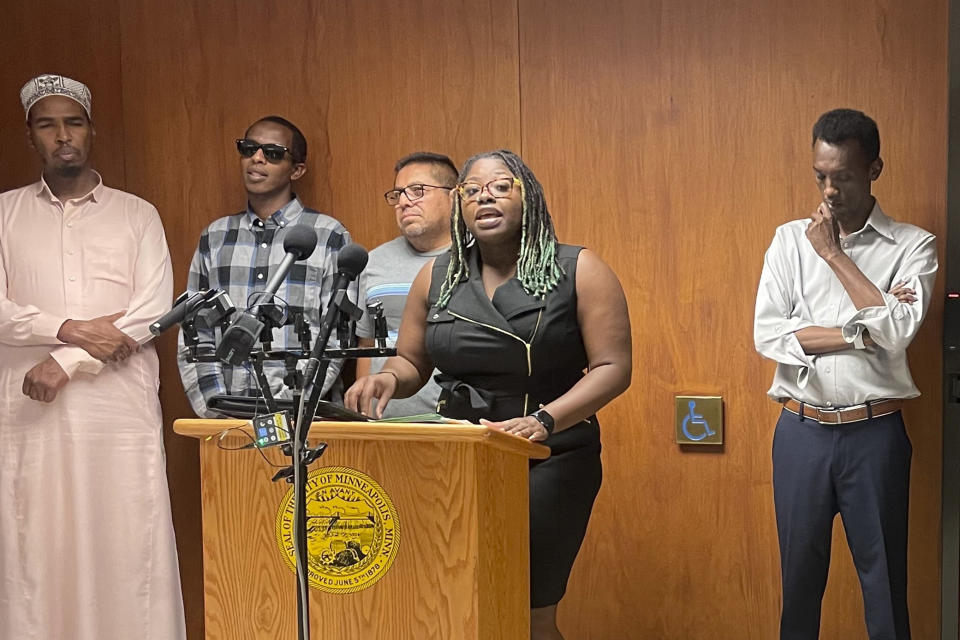 FILE- Minneapolis city council member Robin Wonsley speaks at a news conference on Tuesday, July 25, 2023, at City Hall in Minneapolis. The future of Uber and Lyft in Minneapolis has been a source of concern and debate in recent weeks after the City Council voted last month to require that ride-hailing companies pay drivers a higher rate while they are within city limits. (AP Photo/Trisha Ahmed, File)