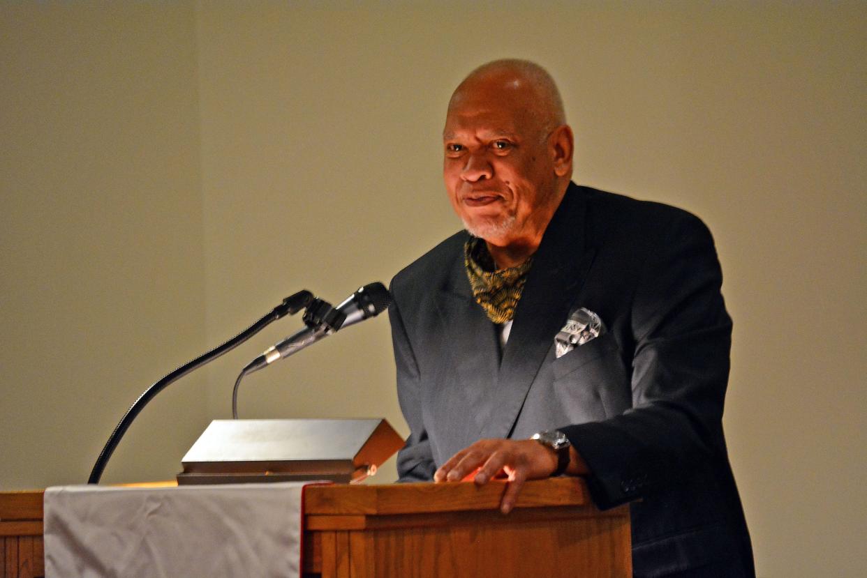 The Rev. Dr. Clanton Dawson prepares to speak Jan. 17, 2022 about the urgency needed to advance the hopes and dreams of Martin Luther King Jr. during a memorial and celebration at St. Luke's United Methodist Church in Columbia.
