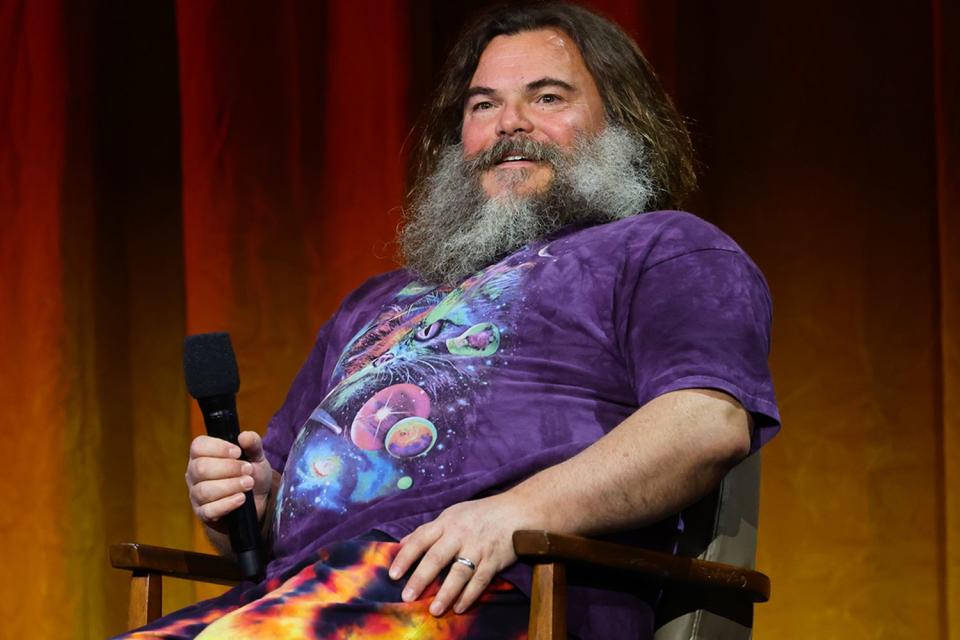 <p>Matt Winkelmeyer/Getty</p>  Jack Black speaks during The Give Back-ular Spectacular! fundraiser in partnership with The Union Solidarity Coalition at The Orpheum Theatre in October 2023 in Los Angeles, California