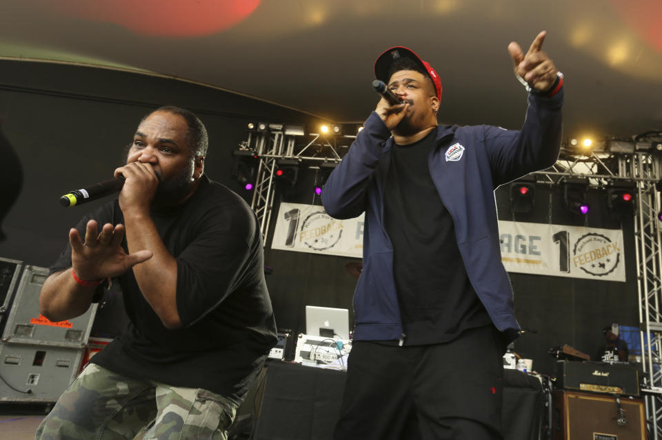 FILE - De La Soul's Vincent Mason, left, and David Jude Jolicoeur perform at Rachael Ray's Feedback Party at Stubb's during the South by Southwest Music Festival on Saturday March 18, 2017, in Austin, Texas. Jolicoeur, known widely as Trugoy the Dove and one of the founding members of the Long Island hip hop trio De La Soul, has died at age 54. His representative Tony Ferguson confirmed the reports Sunday, Feb. 12, 2023. (Photo by Jack Plunkett/Invision/AP, File)