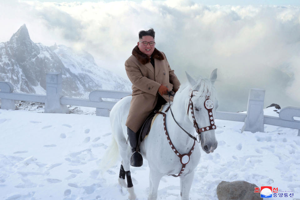 North Korean leader Kim Jong Un rides a horse during snowfall in Mount Paektu in this image released by North Korea's Korean Central News Agency (KCNA) on October 16, 2019. KCNA via REUTERS  ATTENTION EDITORS - THIS IMAGE WAS PROVIDED BY A THIRD PARTY. REUTERS IS UNABLE TO INDEPENDENTLY VERIFY THIS IMAGE. NO THIRD PARTY SALES. SOUTH KOREA OUT.