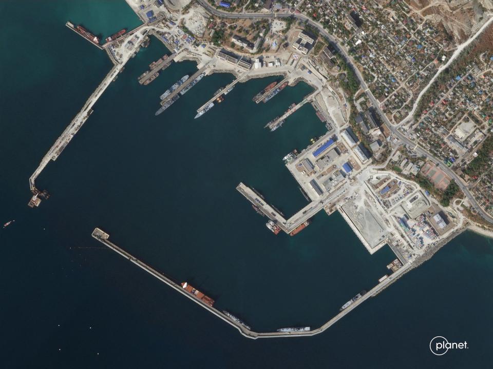 The Admiral Makarov and Admiral Essen frigates, three diesel submarines, five landing ships, and several small missile ships in the Russian port city of Novorossiysk seen in satellite imagery shared by Planet Labs PBC on October 4.