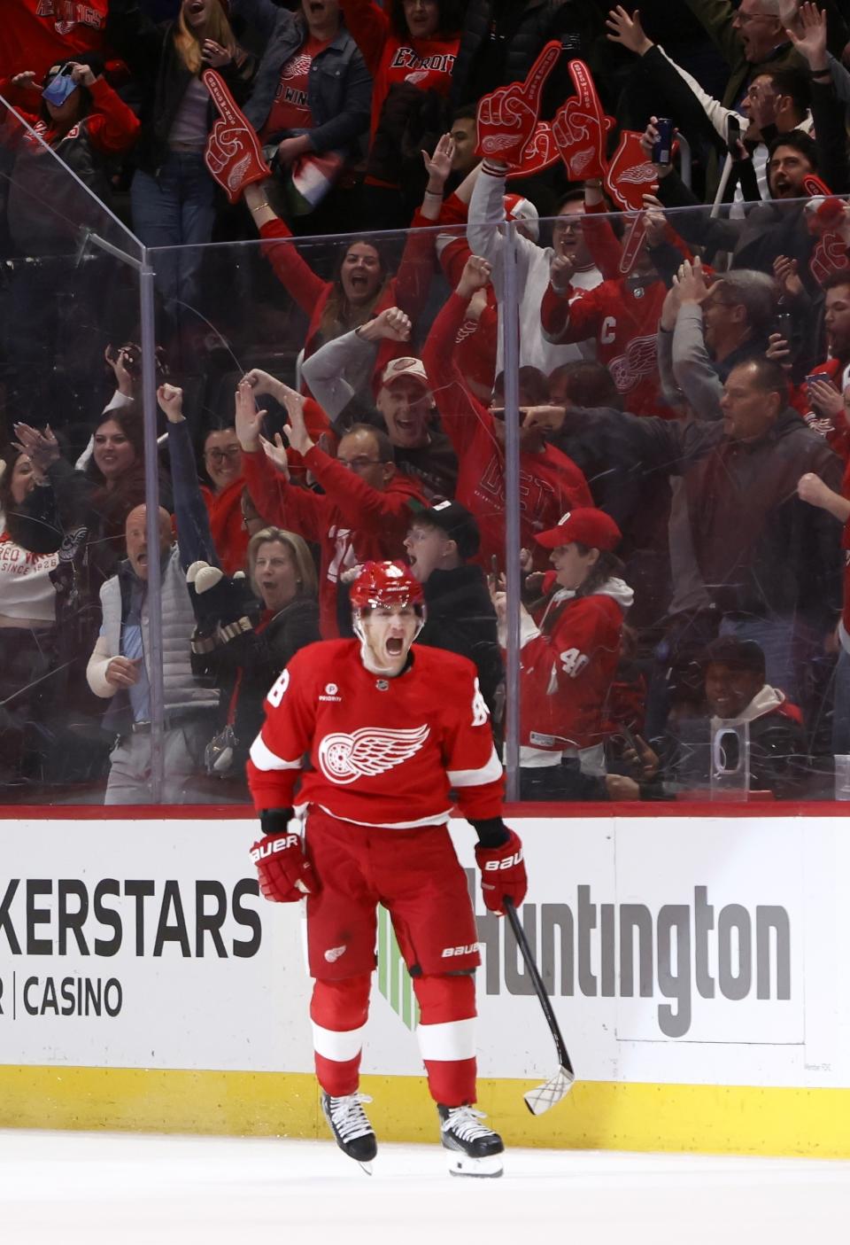 Detroit Red Wings right wing Patrick Kane celebrates his overtime goal against the Columbus Blue Jackets in an NHL hockey game Tuesday, March 19, 2024, in Detroit. (AP Photo/Duane Burleson)