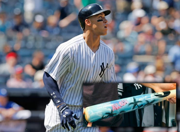 Aaron Judge and his custom Home Run Derby bat. (AP / @infieldchatter)