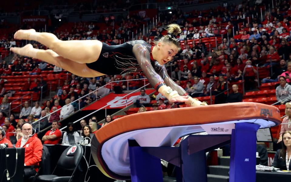 Utah’s Makenna Smith launches off the vault as the Utah Red Rocks compete against Oregon State in a gymnastics meet at the Huntsman Center in Salt Lake City on Friday, Feb. 2, 2024. Utah won. | Kristin Murphy, Deseret News