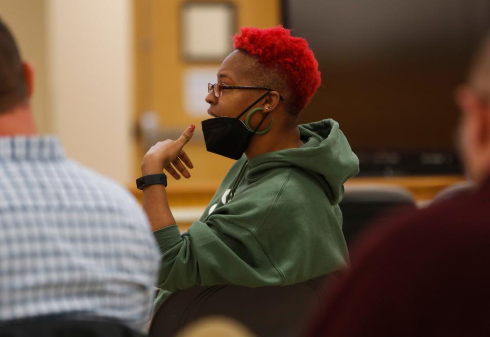 Monica Meeks asks a question and points out the need for more educators of color during a meeting asking for public input on the next Director of Schools at the Clarksville-Montgomery County School District headquarters in Clarksville, Tenn., on Tuesday, Jan. 25, 2022. 