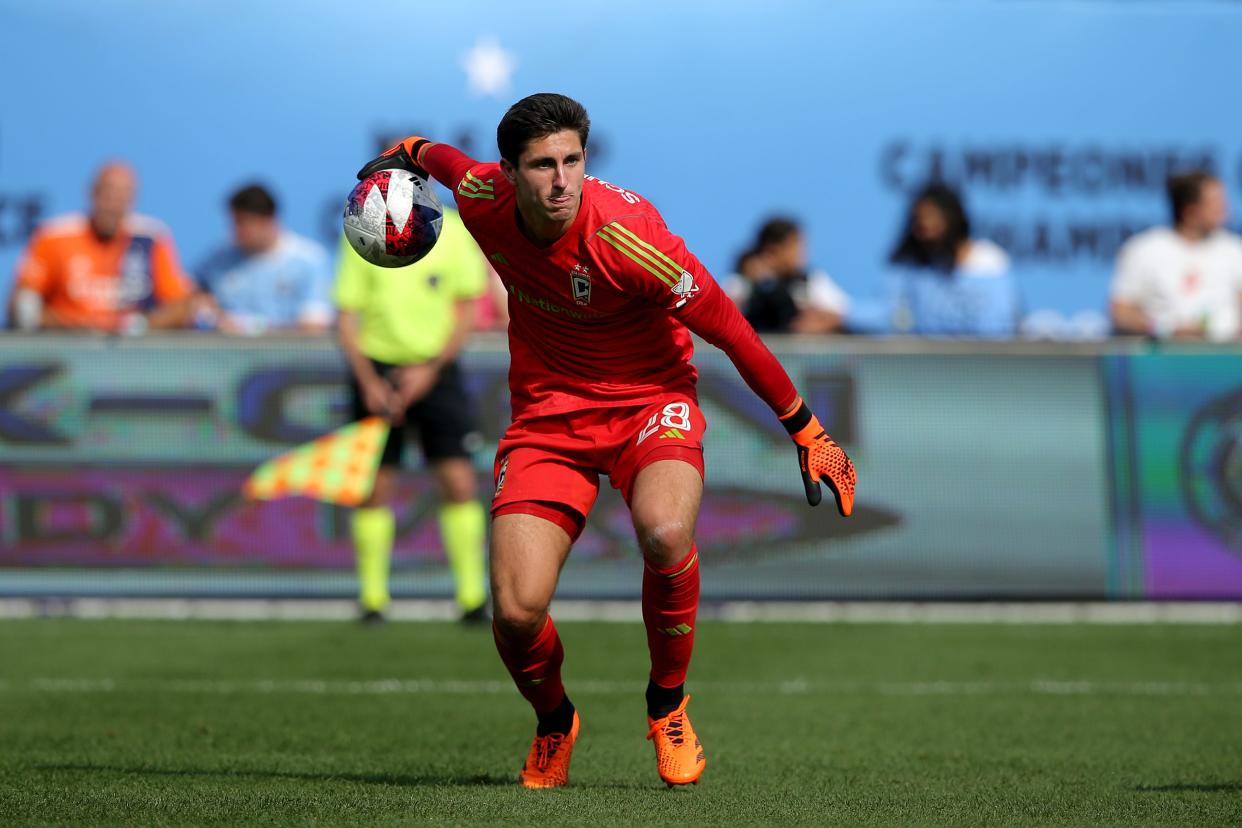 Jun 17, 2023; New York, New York, USA; Columbus Crew SC goalkeeper Patrick Schulte (28) puts the ball in play against New York City FC during the second half at Yankee Stadium. Mandatory Credit: Brad Penner-USA TODAY Sports