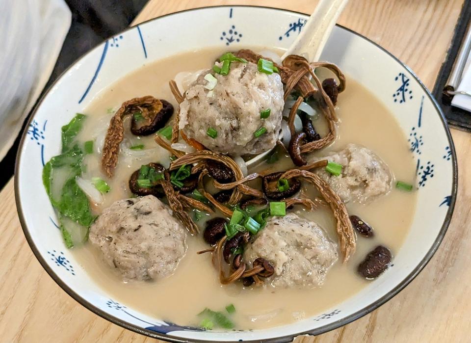 Pork tendon balls and mushrooms make for a tasty combination.