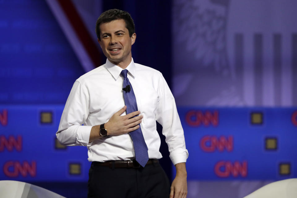 Democratic presidential candidate South Bend Mayor Pete Buttigieg speaks during the Power of our Pride Town Hall Thursday, Oct. 10, 2019, in Los Angeles. The LGBTQ-focused town hall featured nine 2020 Democratic presidential candidates. (AP Photo/Marcio Jose Sanchez)