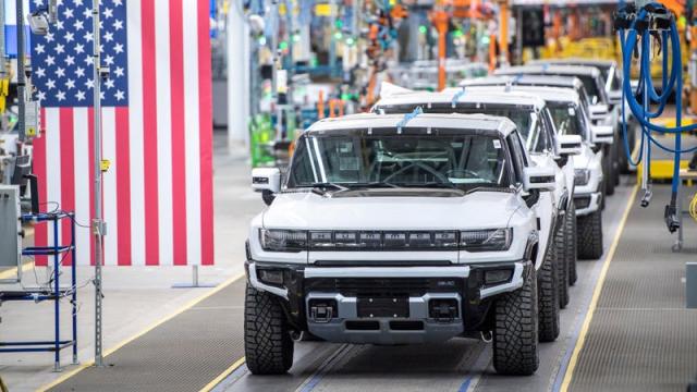 GMC Hummer EVs sit on an assembly line in Detroit.