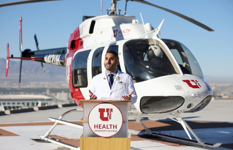 Dr. Waseem Anani, ARUP Blood Services medical director, speaks during a press conference to announce ARUP Blood Services’ new Whole Blood Titan program for Type O blood donors at the University of Utah Hospital helipad in Salt Lake City on Wednesday, Oct. 18, 2023. This will allow the donor’s whole blood to be used instead of the current practice of breaking it down into three component parts. | Kristin Murphy, Deseret News