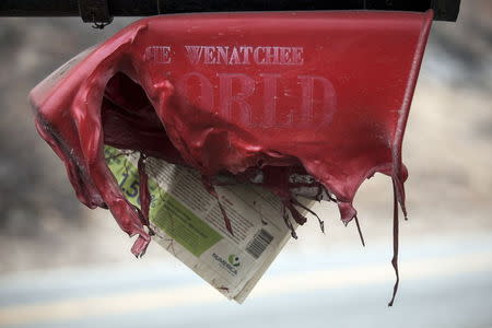 A melted newspaper holder, with newspaper still intact, is pictured near a home destroyed by the Chelan Complex fire in Chelan, Washington August 24, 2015. REUTERS/David Ryder