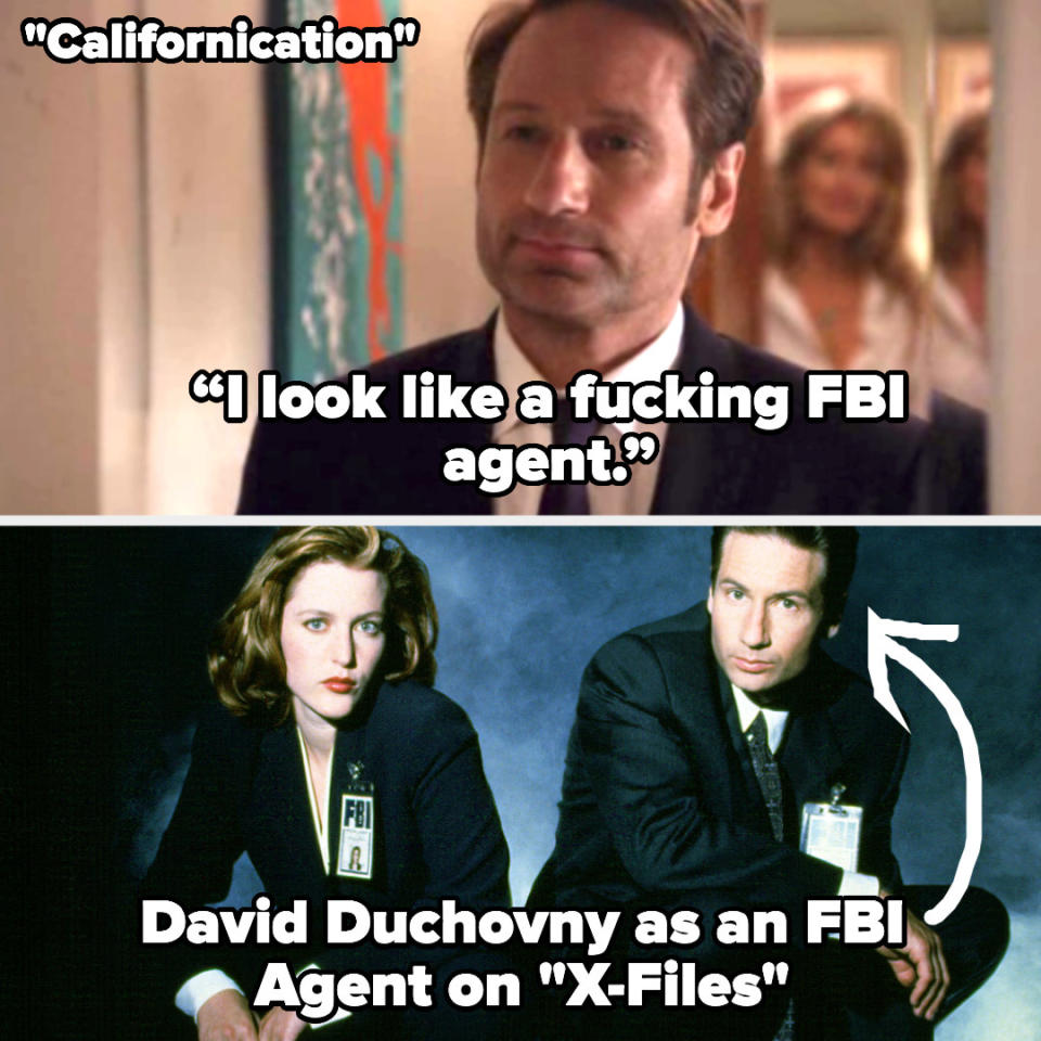 Hank saying "I look like a fucking FBI agent" on Californication and a picture of the actor as an FBI agent on X-Files