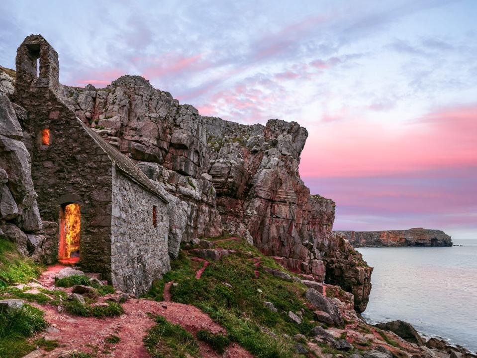 St Govan's Chapel has views over the Pembrokeshire coastline.