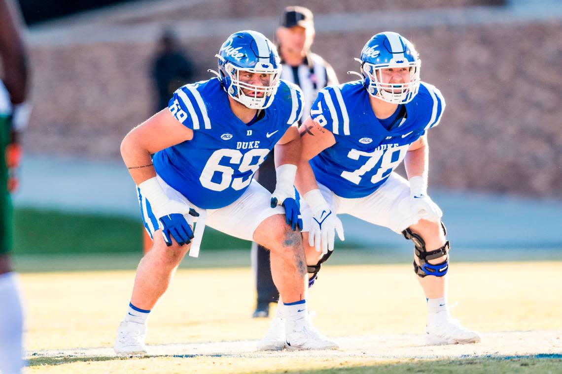 Kade Parmelly (69) lines up at left guard next to left tackle Casey Holman (78) during a Duke football game against Miami at Wallace Wade Stadium on November 27, 2021 at Durham, North Carolina.