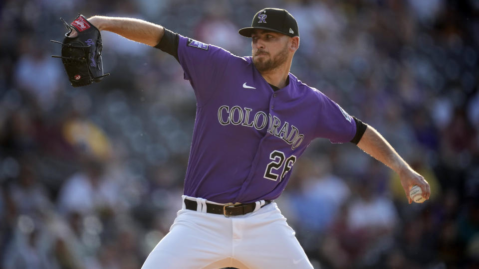 Colorado Rockies starting pitcher Austin Gomber works against the San Diego Padres in the first inning of a baseball game Monday, June 14, 2021, in Denver. (AP Photo/David Zalubowski)