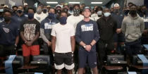 In a screenshot from a Zoom call, Tennessee Titans players speak about the decision to cancel NFL football practice Thursday, Aug. 27, 2020, in Nashville, Tenn. Several NFL teams canceled practice in response to the shooting of Jacob Blake, a Black man, in Wisconsin. In front are safety Kevin Byard, left, and quarterback Ryan Tannehill, right. (AP Photo)