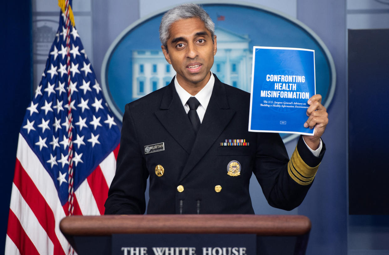 US Surgeon General Dr. Vivek H. Murthy speaks during a press briefing in the Brady Briefing Room of the White House in Washington, DC on July 15, 2021. (Saul Loeb/AFP via Getty Images)