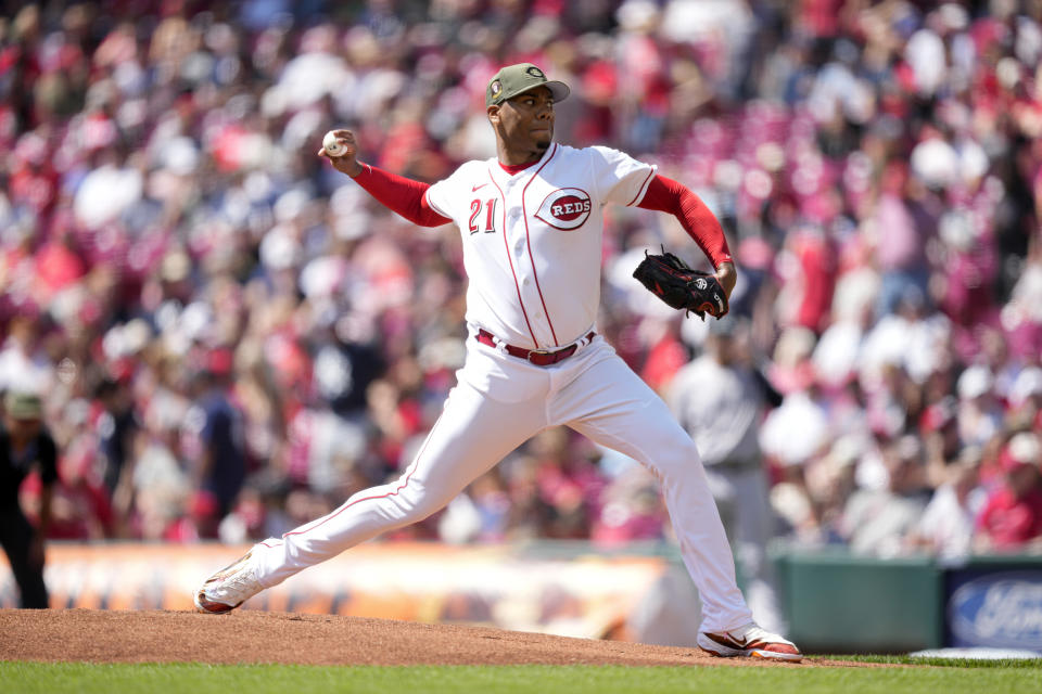 Cincinnati Reds starting pitcher Hunter Greene throws against the New York Yankees in the first inning of a baseball game in Cincinnati, Sunday, May 21, 2023. (AP Photo/Jeff Dean)