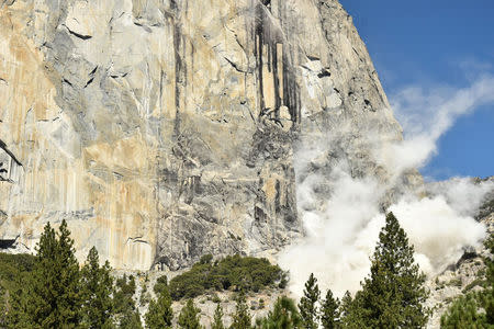 El Capitan granite monolith in Yosemite National Park is seen after a rockfall that killed a person and hurt another on Wednesday at the Yosemite National Park in California, U.S. on September 27, 2017. Picture taken on September 27, 2017. Courtesy Tom Evans/NPS via REUTERS