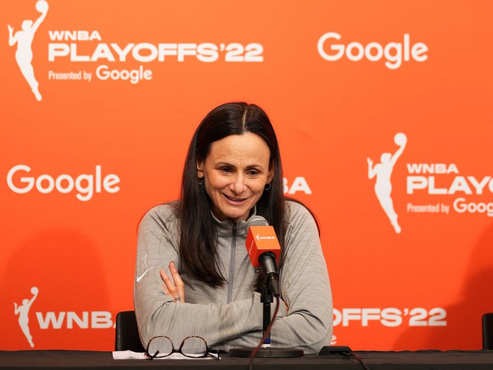 Sandy Brondello speaks during a post-game press conference.