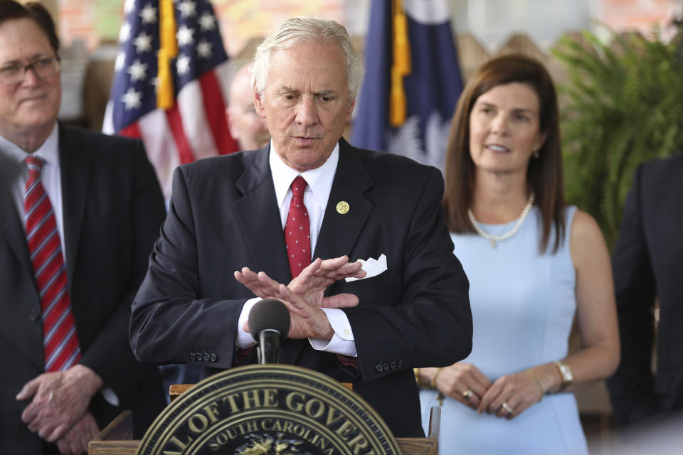 FILE - In this June 24, 2021, file photo, South Carolina Gov. Henry McMaster speaks during a ceremony to sign a bill preventing people from suing businesses over COVID-19 on Thursday, at Cafe Strudel in West Columbia, S.C. McMaster is one of several Republican state leaders opposing federal efforts to go door-to-door to urge people to get vaccinated against COVID-19. (AP Photo/Jeffrey Collins, File)