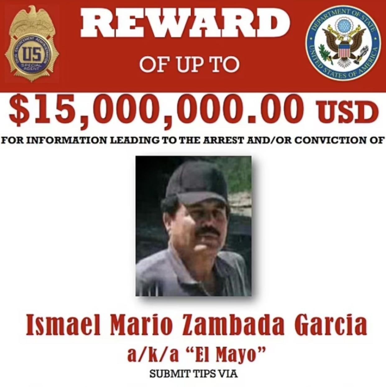 The Justice Department earlier put up a $15 million bounty for any information leading to Mr Zambada's arrest or conviction