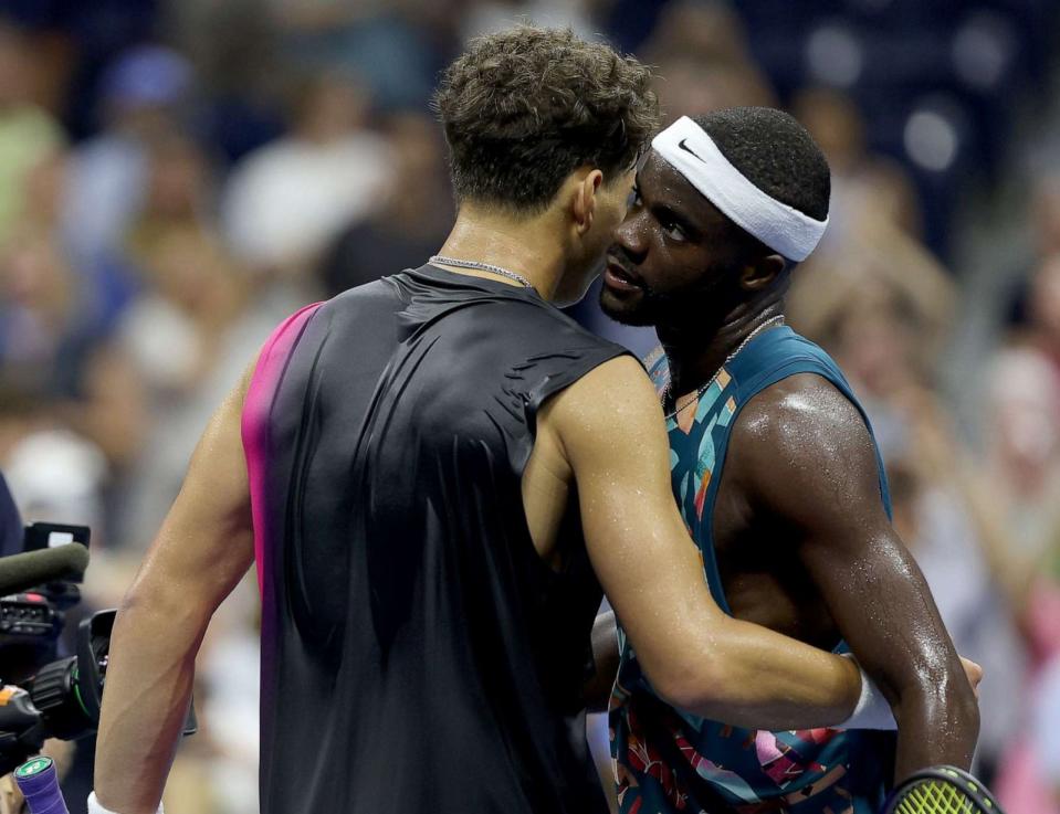 PHOTO: Ben Shelton hugs Frances Tiafoe of the United States after defeating him in their quarterfinal match at the U.S. Open in New York City, Sept. 5, 2023. (Elsa/Getty Images)