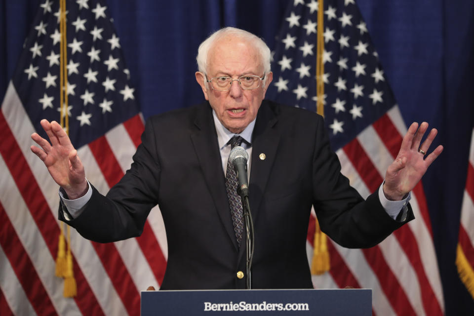 Democratic presidential candidate, Sen. Bernie Sanders, I-Vt., speaks to reporters on Wednesday, March 11, 2020, in Burlington, Vt. (AP Photo/Charles Krupa)