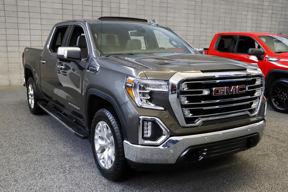 This is a GMC 2019 Sierra 1500 4WD Crew Cab SLT truck on display at the 2019 Pittsburgh International Auto Show in Pittsburgh Thursday, Feb. 14, 2019. (AP Photo/Gene J. Puskar)