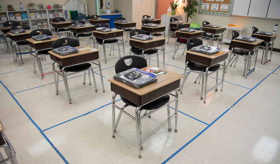 A fourth grade classroom awaits students at Tom Joy Elementary School Monday, Feb. 1, 2021 in Nashville, Tenn. Students are scheduled to phase-in for returning to in-person learning in Metro Schools beginning Feb. 4. 