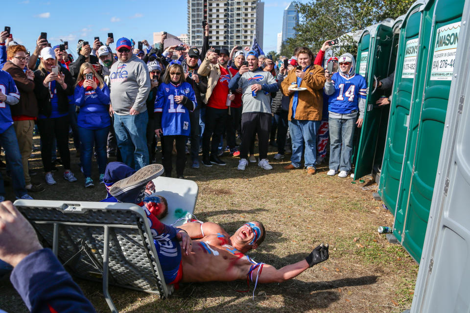 <p>Buffalo Bills fans tailgate during the AFC Wild Card game between the Buffalo Bills and the Jacksonville Jaguars on January 7, 2018 at EverBank Field in Jacksonville, Fl. (Photo by David Rosenblum/Icon Sportswire via Getty Images) </p>