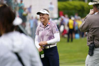 Brooke M. Henderson, of Canada, celebrates after winning the ShopRite LPGA Classic golf tournament, Sunday, June 12, 2022, in Galloway, N.J. (AP Photo/Matt Rourke)