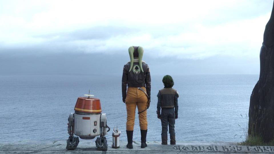 Chopper, Hera, and Jacen Syndulla look out at the water from the Henge on Seatos on Ahsoka as the World Between Worlds calls to them