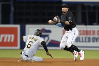 Pittsburgh Pirates' Anthony Alford (6) is forced out at second base as Miami Marlins shortstop Miguel Rojas looks to first, where Michael Perez was safe during the seventh inning of a baseball game Saturday, Sept. 18, 2021, in Miami. (AP Photo/Marta Lavandier)