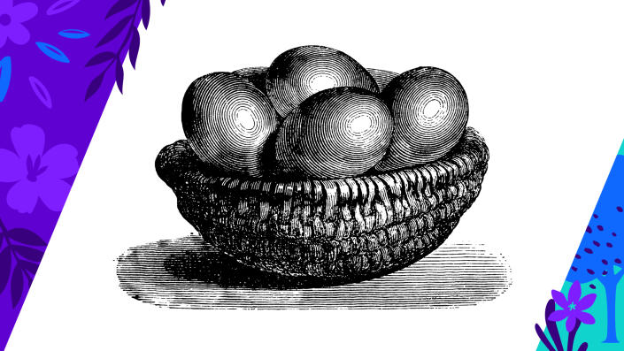 An engraving of a wicker basket of eggs.