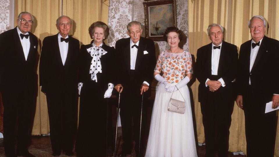 The Queen at 10 Downing Street to celebrate 250 years of it being the official residence of the British Prime Minister, with leaders past and present (l to r) James Callaghan, Sir Alec Douglas-Home, Margaret Thatcher, Harold Macmillan, Harold Wilson and Ted Heath.