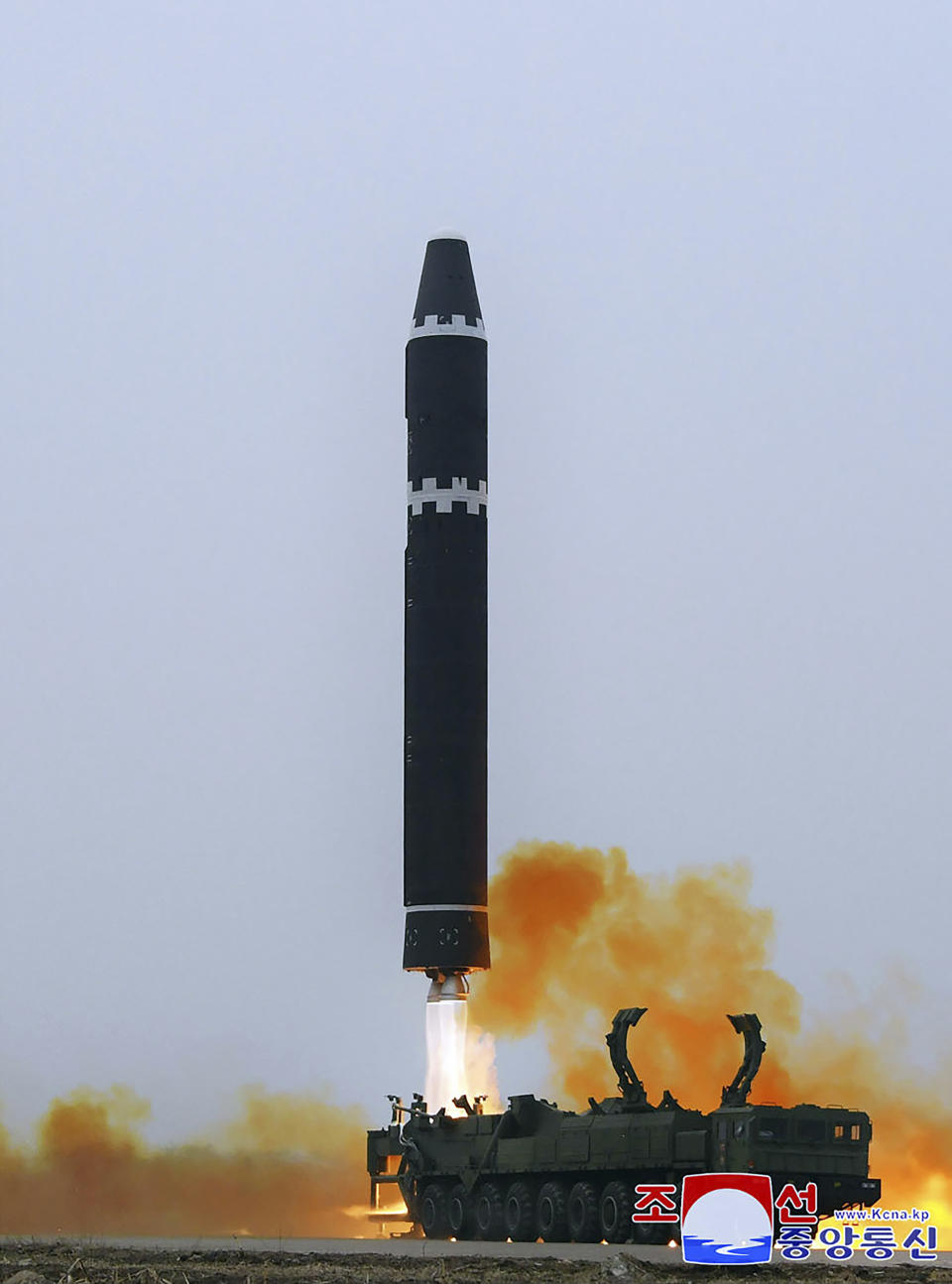 This photo provided by the North Korean government, shows what it says a test launch of a Hwasong-15 intercontinental ballistic missile at Pyongyang International Airport in Pyongyang, North Korea Saturday, Feb. 18, 2023. Independent journalists were not given access to cover the event depicted in this image distributed by the North Korean government. The content of this image is as provided and cannot be independently verified. Korean language watermark on image as provided by source reads: "KCNA" which is the abbreviation for Korean Central News Agency. (Korean Central News Agency/Korea News Service via AP)
